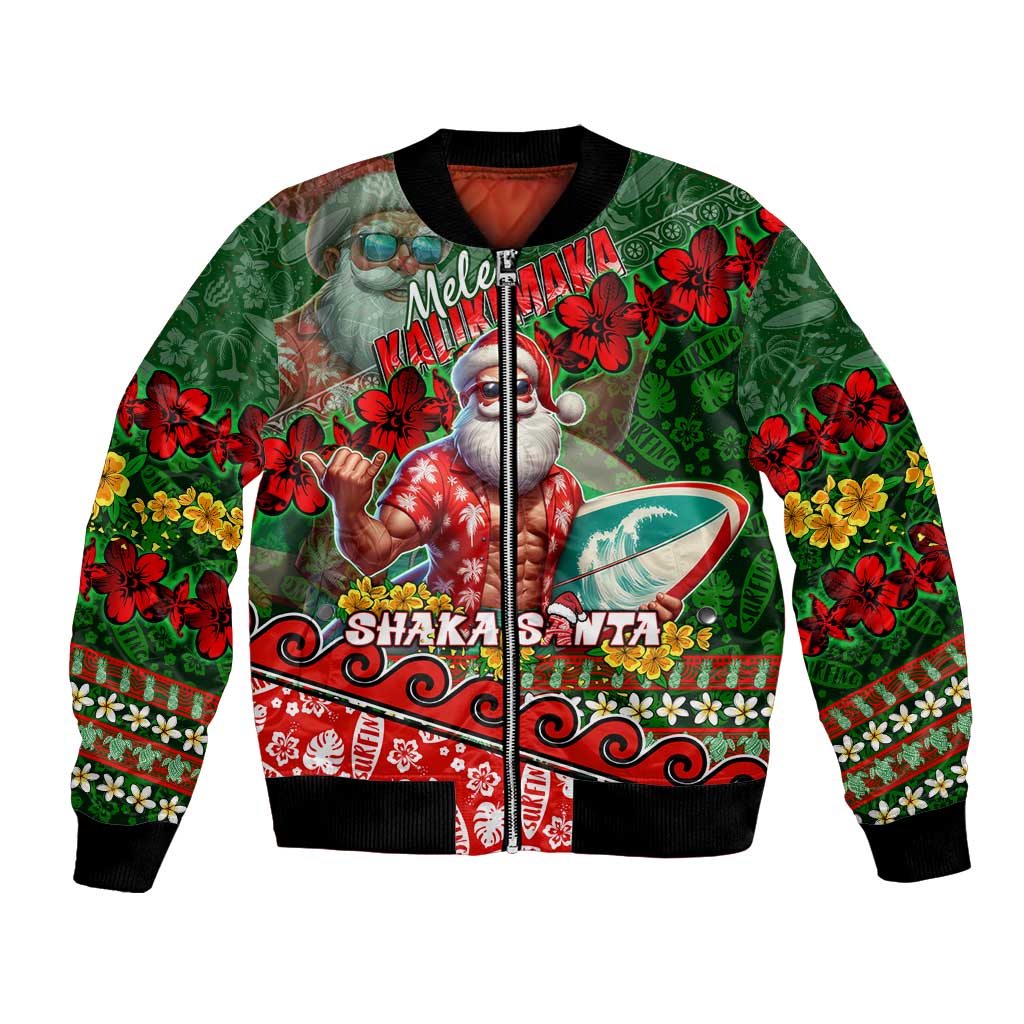Mele Kalikimaka Shaka Santa Bomber Jacket Hawaiian Surf Christmas Design with Aloha Spirit - Polynesian Pride