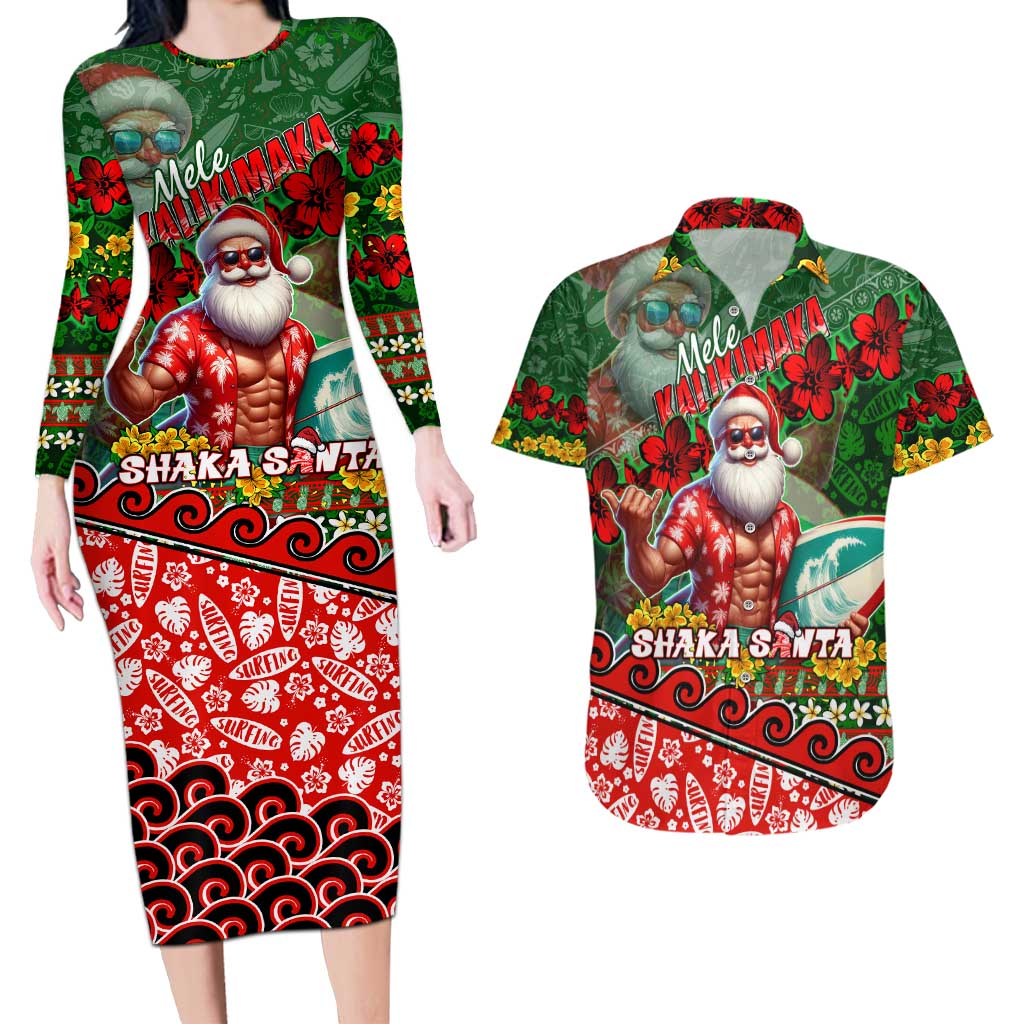 Mele Kalikimaka Shaka Santa Couples Matching Long Sleeve Bodycon Dress and Hawaiian Shirt Hawaiian Surf Christmas Design with Aloha Spirit - Polynesian Pride