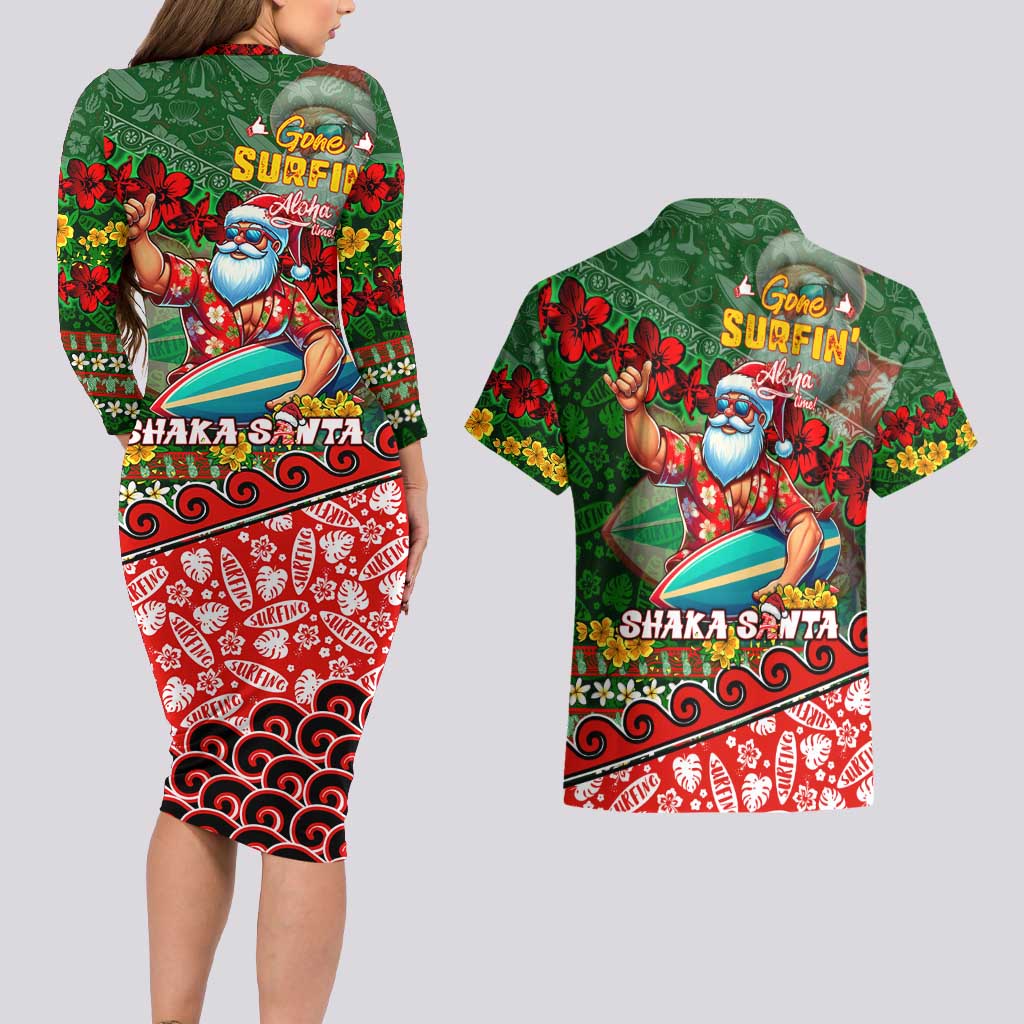 Mele Kalikimaka Shaka Santa Couples Matching Long Sleeve Bodycon Dress and Hawaiian Shirt Hawaiian Surf Christmas Design with Aloha Spirit - Polynesian Pride