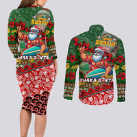 Mele Kalikimaka Shaka Santa Couples Matching Long Sleeve Bodycon Dress and Long Sleeve Button Shirt Hawaiian Surf Christmas Design with Aloha Spirit - Polynesian Pride