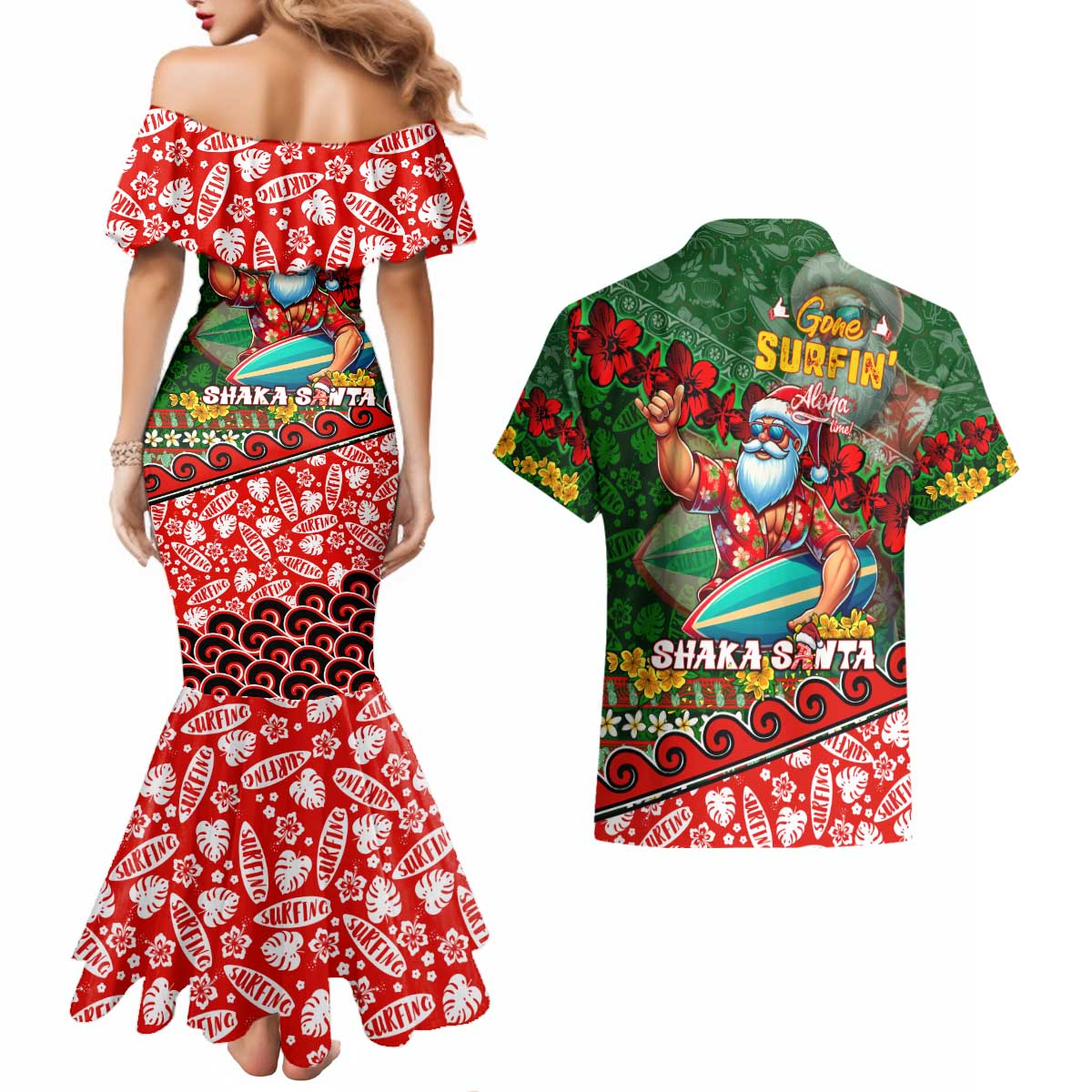 Mele Kalikimaka Shaka Santa Couples Matching Mermaid Dress and Hawaiian Shirt Hawaiian Surf Christmas Design with Aloha Spirit - Polynesian Pride