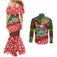 Mele Kalikimaka Shaka Santa Couples Matching Mermaid Dress and Long Sleeve Button Shirt Hawaiian Surf Christmas Design with Aloha Spirit - Polynesian Pride