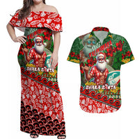Mele Kalikimaka Shaka Santa Couples Matching Off Shoulder Maxi Dress and Hawaiian Shirt Hawaiian Surf Christmas Design with Aloha Spirit - Polynesian Pride