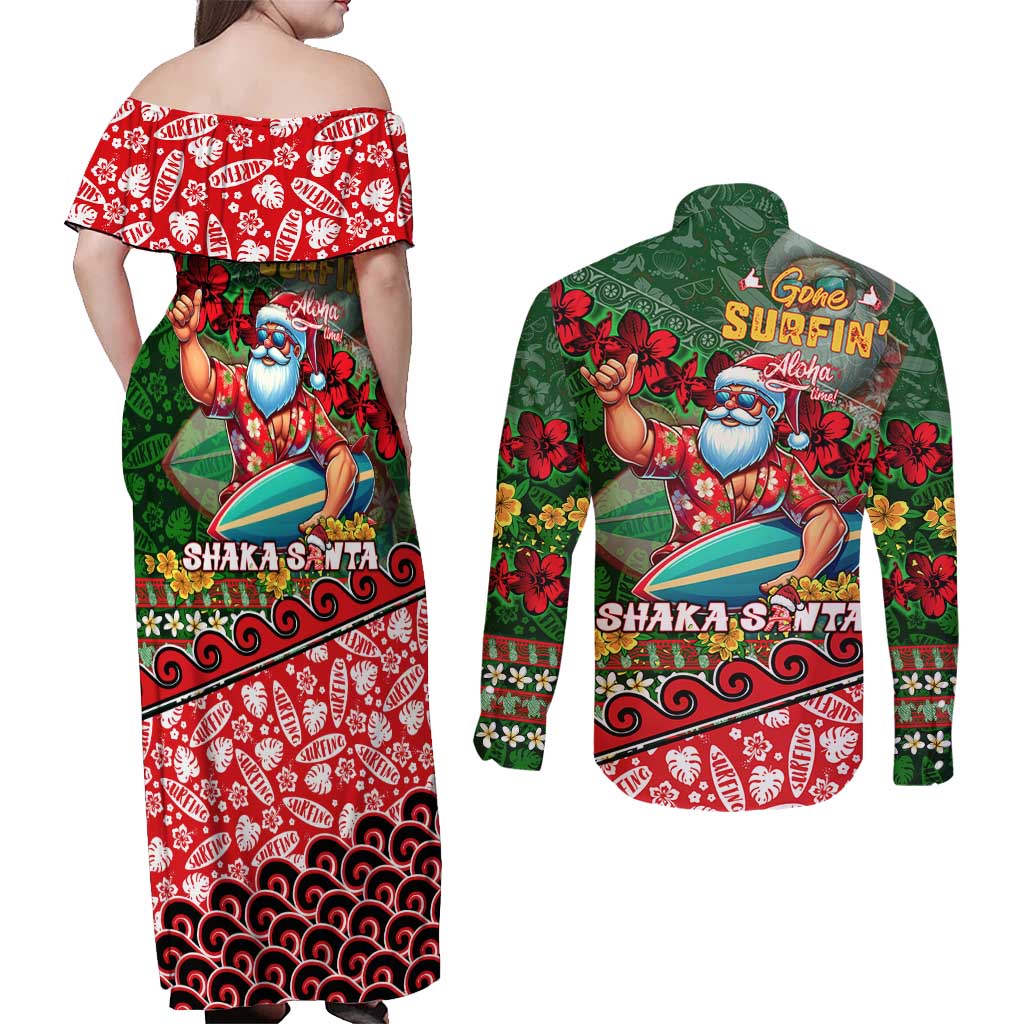 Mele Kalikimaka Shaka Santa Couples Matching Off Shoulder Maxi Dress and Long Sleeve Button Shirt Hawaiian Surf Christmas Design with Aloha Spirit - Polynesian Pride
