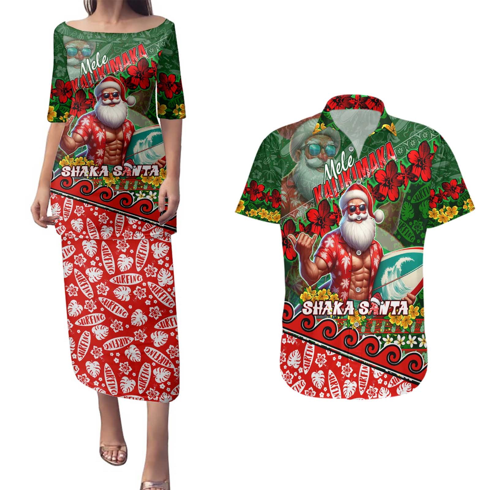 Mele Kalikimaka Shaka Santa Couples Matching Puletasi and Hawaiian Shirt Hawaiian Surf Christmas Design with Aloha Spirit DT02 Green - Polynesian Pride