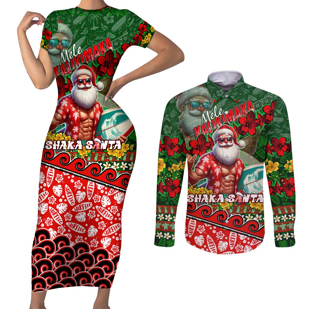 Mele Kalikimaka Shaka Santa Couples Matching Short Sleeve Bodycon Dress and Long Sleeve Button Shirt Hawaiian Surf Christmas Design with Aloha Spirit - Polynesian Pride