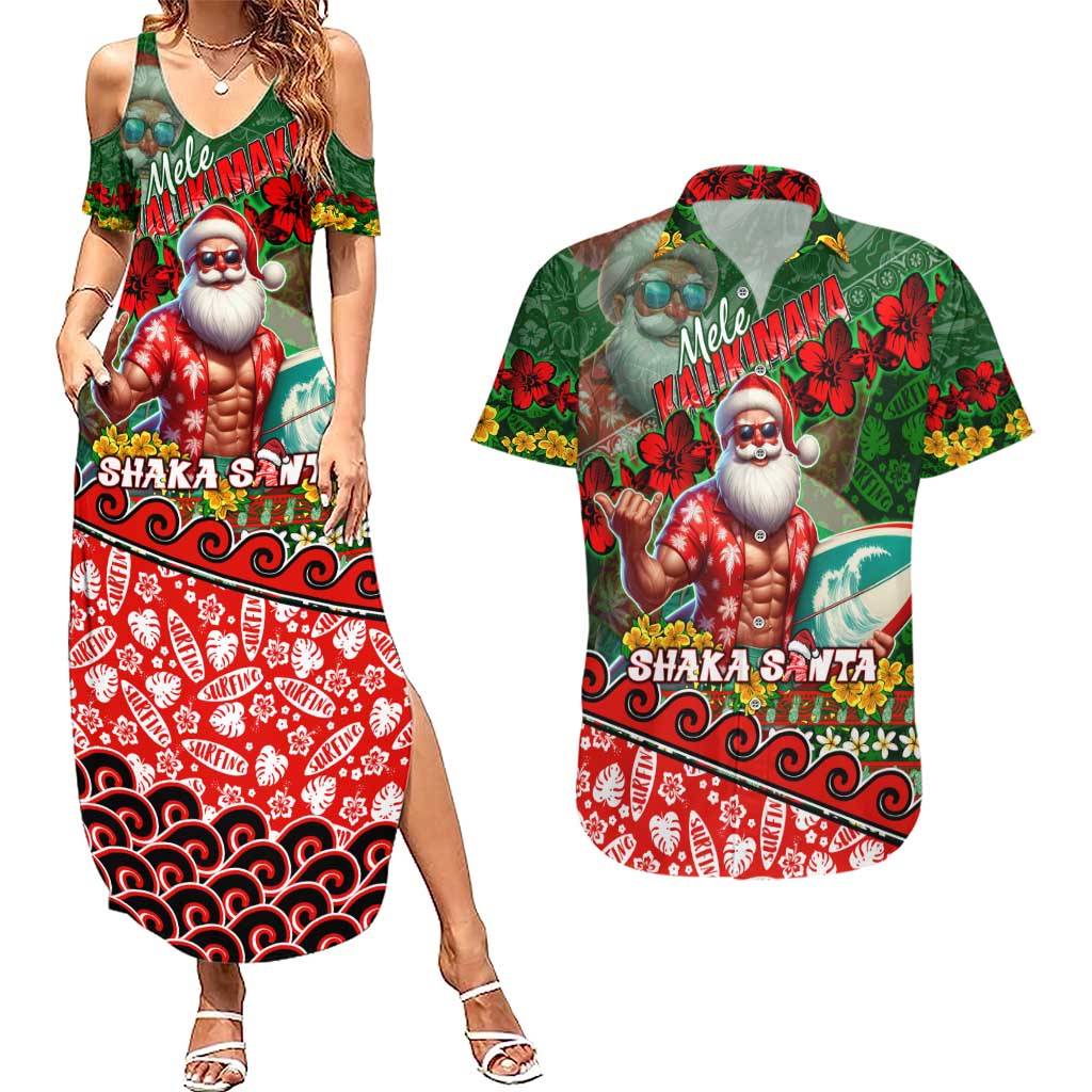 Mele Kalikimaka Shaka Santa Couples Matching Summer Maxi Dress and Hawaiian Shirt Hawaiian Surf Christmas Design with Aloha Spirit - Polynesian Pride