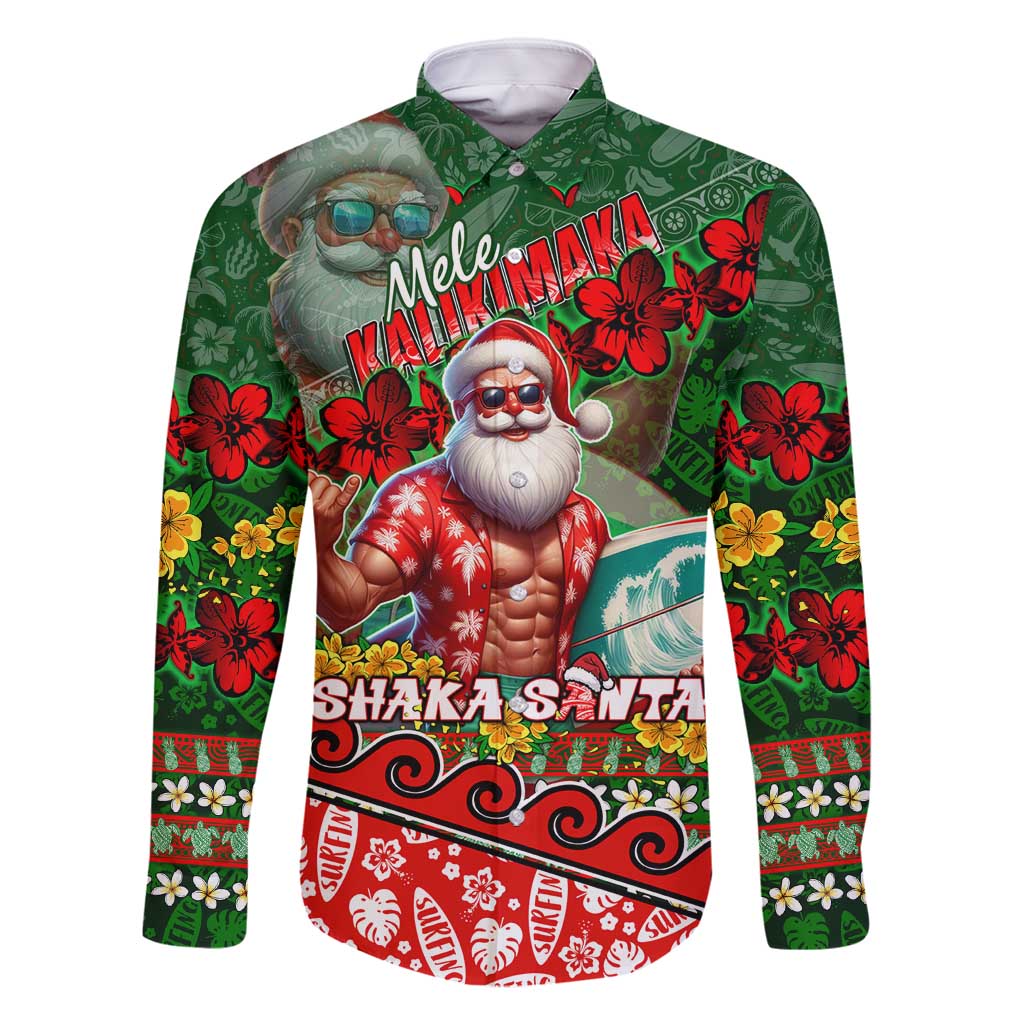 Mele Kalikimaka Shaka Santa Family Matching Long Sleeve Bodycon Dress and Hawaiian Shirt Hawaiian Surf Christmas Design with Aloha Spirit - Polynesian Pride