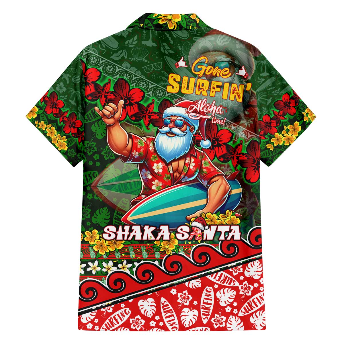 Mele Kalikimaka Shaka Santa Family Matching Off The Shoulder Long Sleeve Dress and Hawaiian Shirt Hawaiian Surf Christmas Design with Aloha Spirit - Polynesian Pride