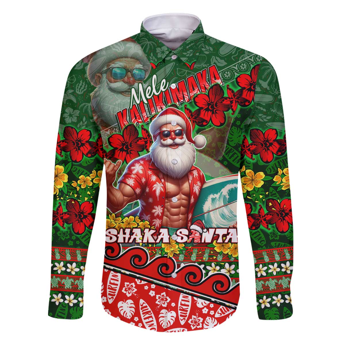 Mele Kalikimaka Shaka Santa Family Matching Off The Shoulder Long Sleeve Dress and Hawaiian Shirt Hawaiian Surf Christmas Design with Aloha Spirit - Polynesian Pride