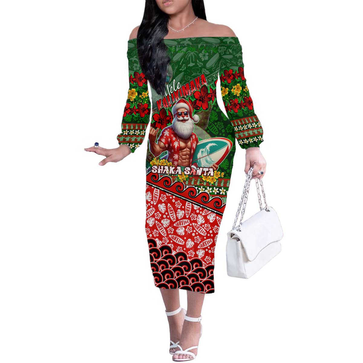 Mele Kalikimaka Shaka Santa Family Matching Off The Shoulder Long Sleeve Dress and Hawaiian Shirt Hawaiian Surf Christmas Design with Aloha Spirit - Polynesian Pride