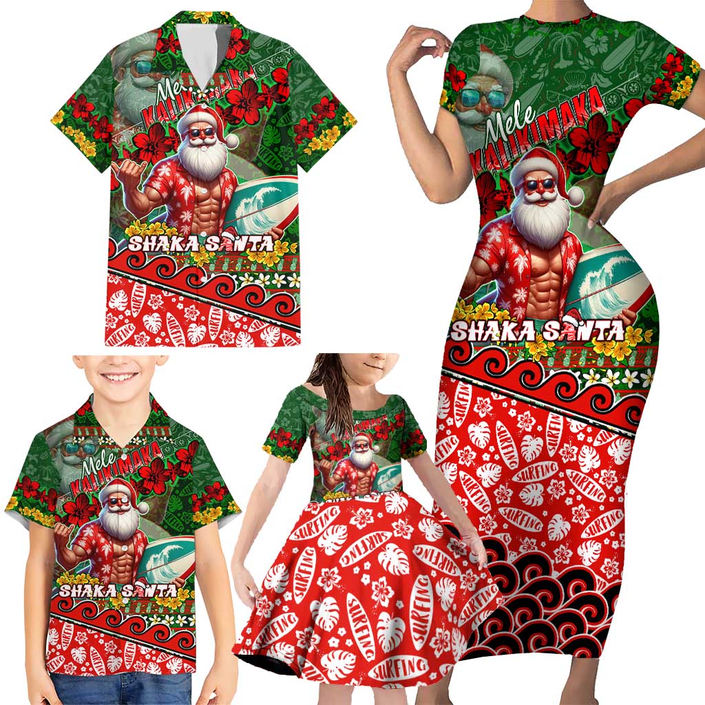 Mele Kalikimaka Shaka Santa Family Matching Short Sleeve Bodycon Dress and Hawaiian Shirt Hawaiian Surf Christmas Design with Aloha Spirit - Polynesian Pride