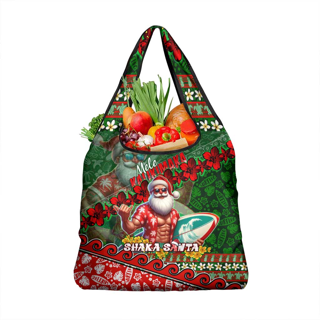 Mele Kalikimaka Shaka Santa Grocery Bag Hawaiian Surf Christmas Design with Aloha Spirit DT02 1-pack One Size Green - Polynesian Pride
