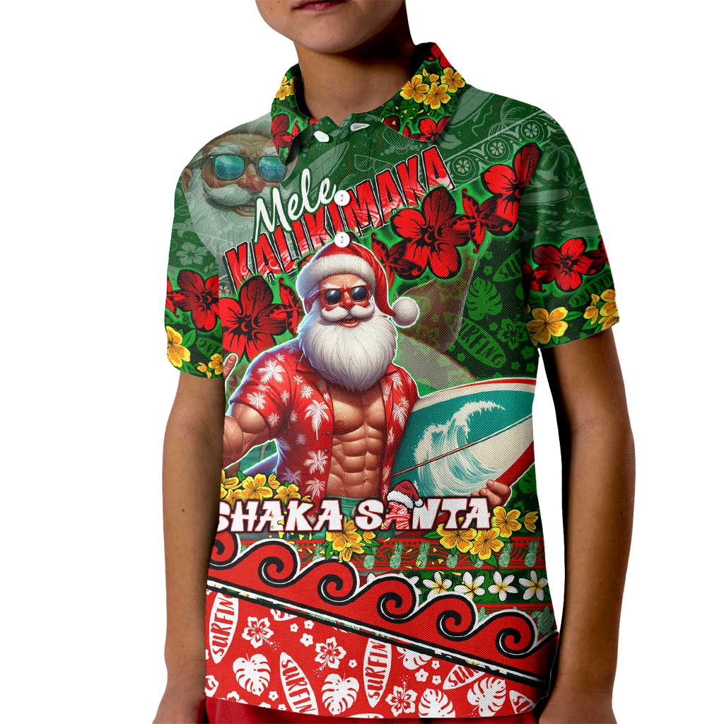 Mele Kalikimaka Shaka Santa Kid Polo Shirt Hawaiian Surf Christmas Design with Aloha Spirit - Polynesian Pride