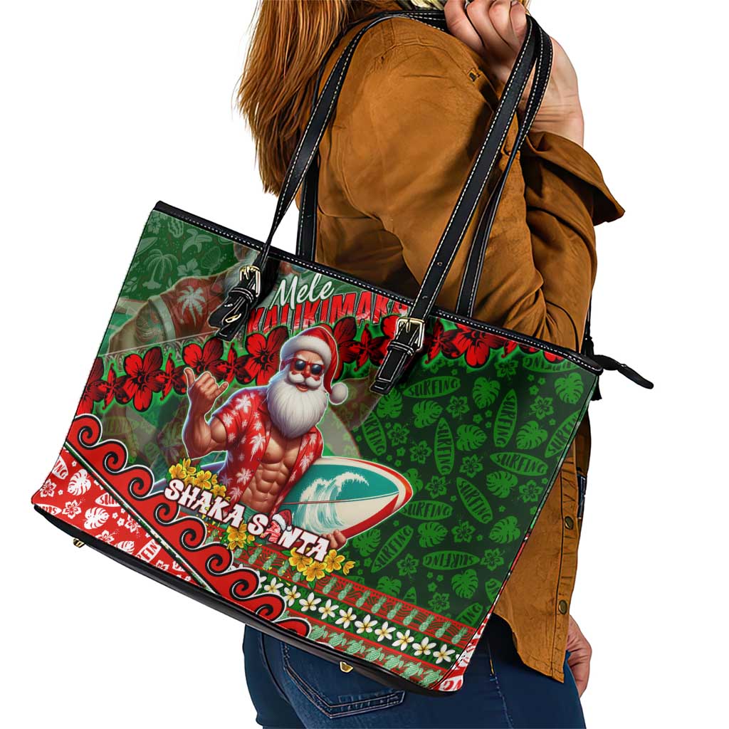 Mele Kalikimaka Shaka Santa Leather Tote Bag Hawaiian Surf Christmas Design with Aloha Spirit - Polynesian Pride