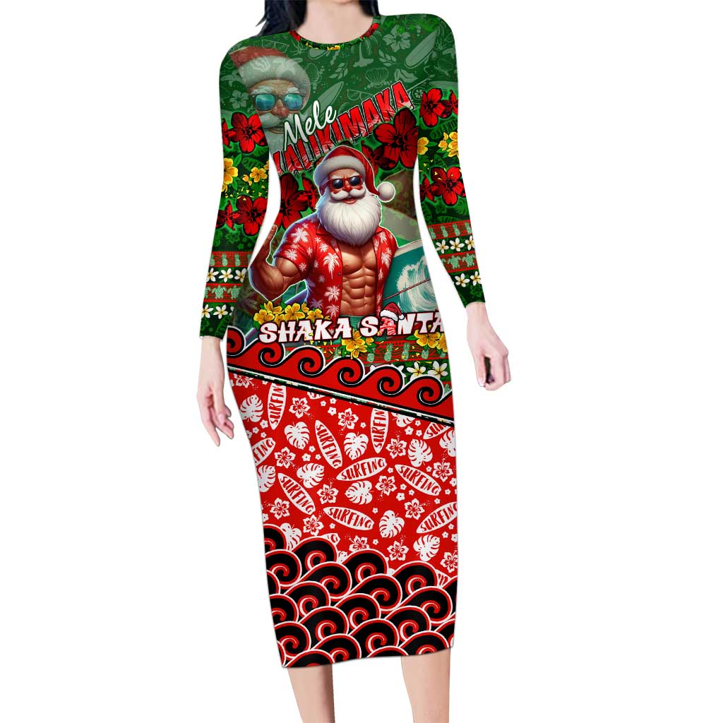 Mele Kalikimaka Shaka Santa Long Sleeve Bodycon Dress Hawaiian Surf Christmas Design with Aloha Spirit - Polynesian Pride