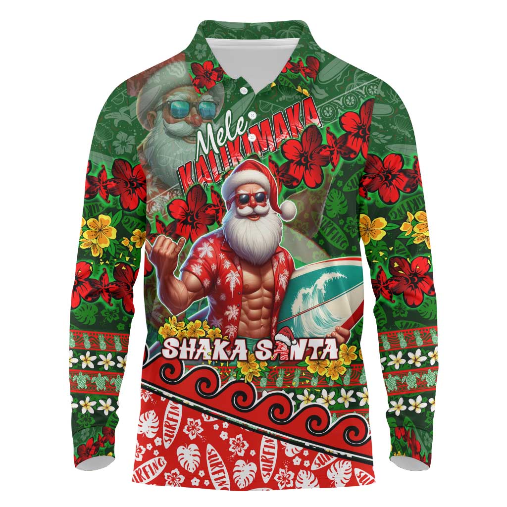 Mele Kalikimaka Shaka Santa Long Sleeve Polo Shirt Hawaiian Surf Christmas Design with Aloha Spirit - Polynesian Pride