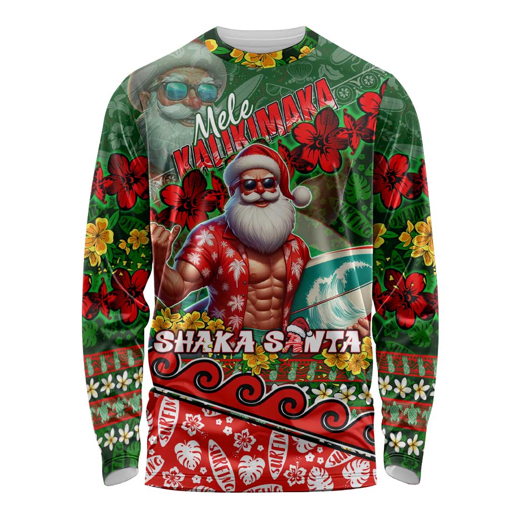 Mele Kalikimaka Shaka Santa Long Sleeve Shirt Hawaiian Surf Christmas Design with Aloha Spirit DT02 Unisex Green - Polynesian Pride