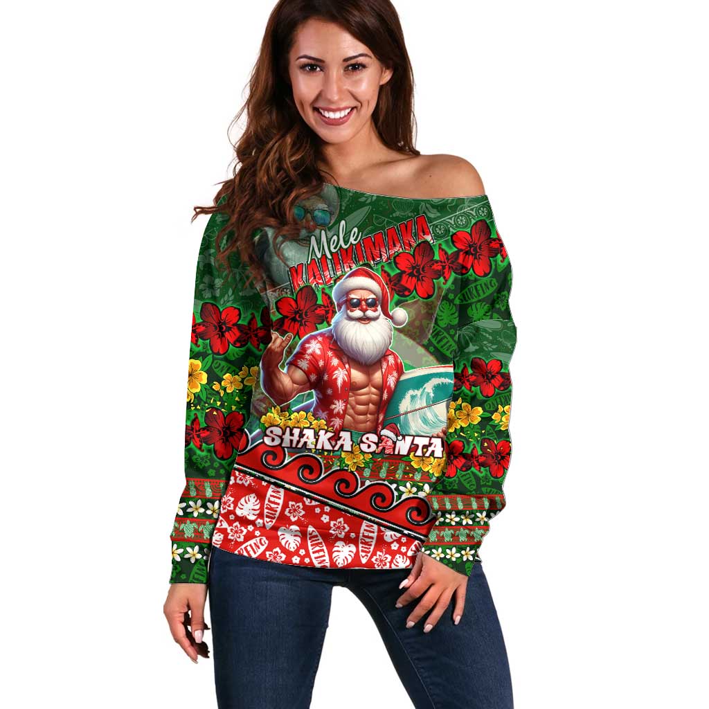 Mele Kalikimaka Shaka Santa Off Shoulder Sweater Hawaiian Surf Christmas Design with Aloha Spirit - Polynesian Pride