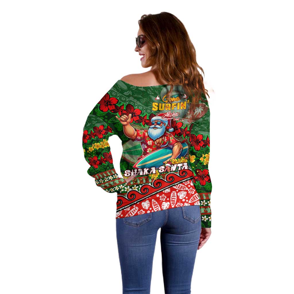 Mele Kalikimaka Shaka Santa Off Shoulder Sweater Hawaiian Surf Christmas Design with Aloha Spirit - Polynesian Pride