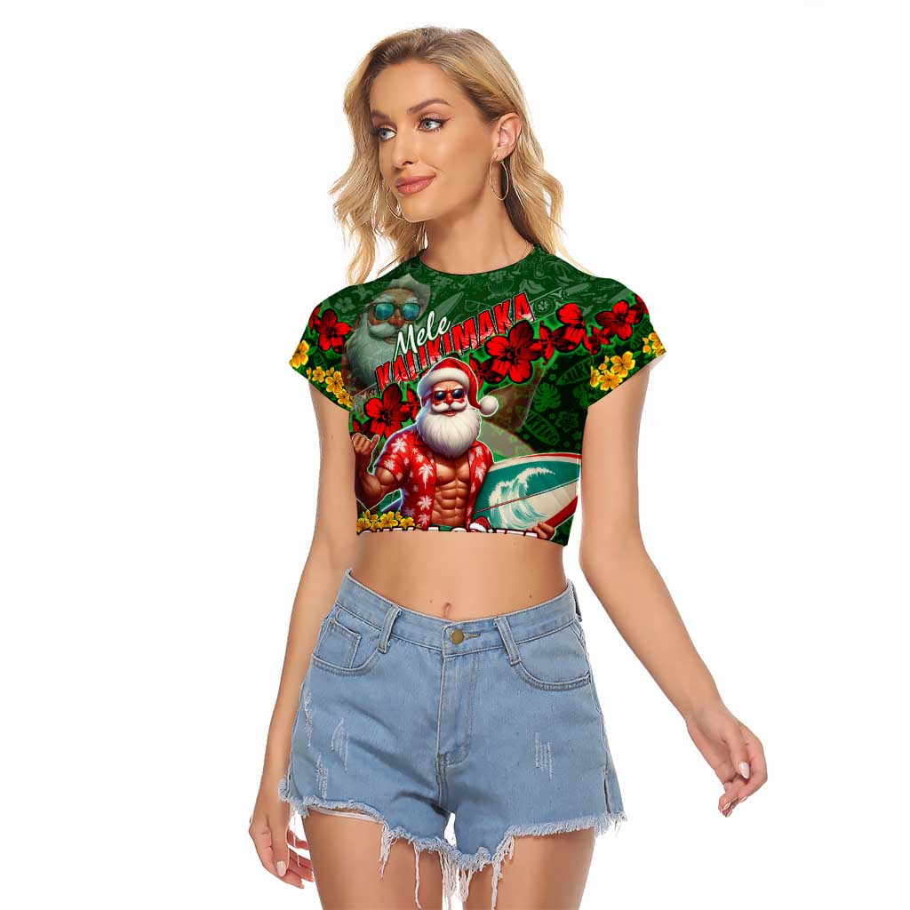 Mele Kalikimaka Shaka Santa Raglan Cropped T Shirt Hawaiian Surf Christmas Design with Aloha Spirit - Polynesian Pride