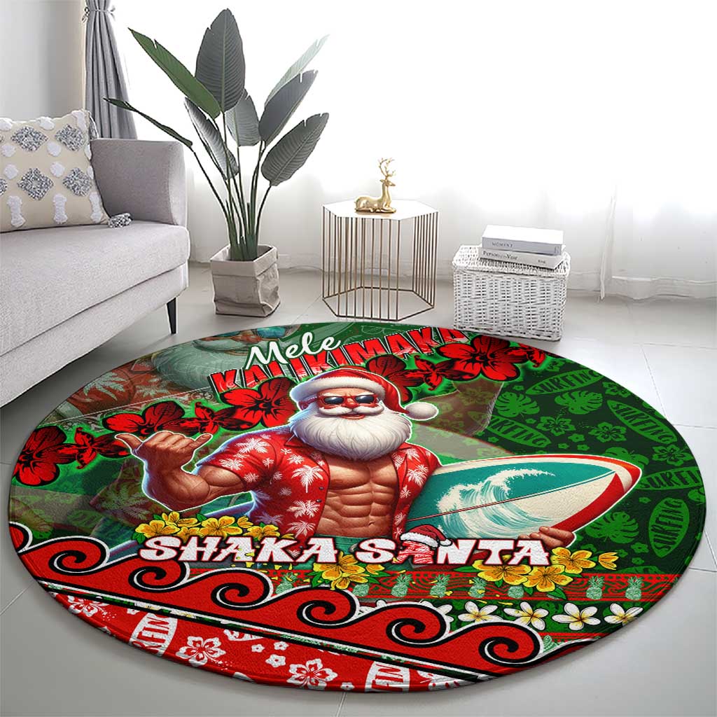 Mele Kalikimaka Shaka Santa Round Carpet Hawaiian Surf Christmas Design with Aloha Spirit - Polynesian Pride