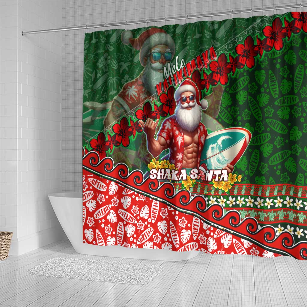 Mele Kalikimaka Shaka Santa Shower Curtain Hawaiian Surf Christmas Design with Aloha Spirit - Polynesian Pride