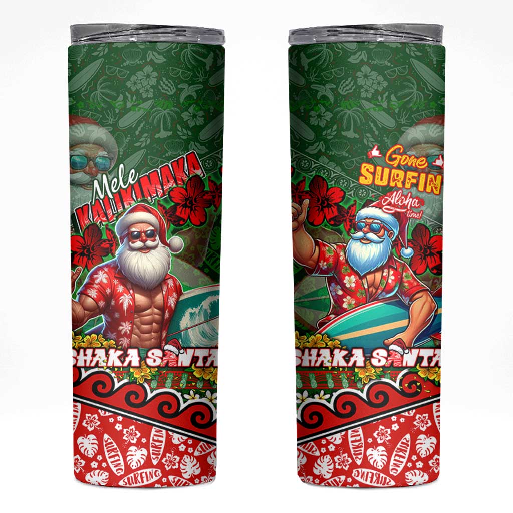 Mele Kalikimaka Shaka Santa Skinny Tumbler Hawaiian Surf Christmas Design with Aloha Spirit - Polynesian Pride