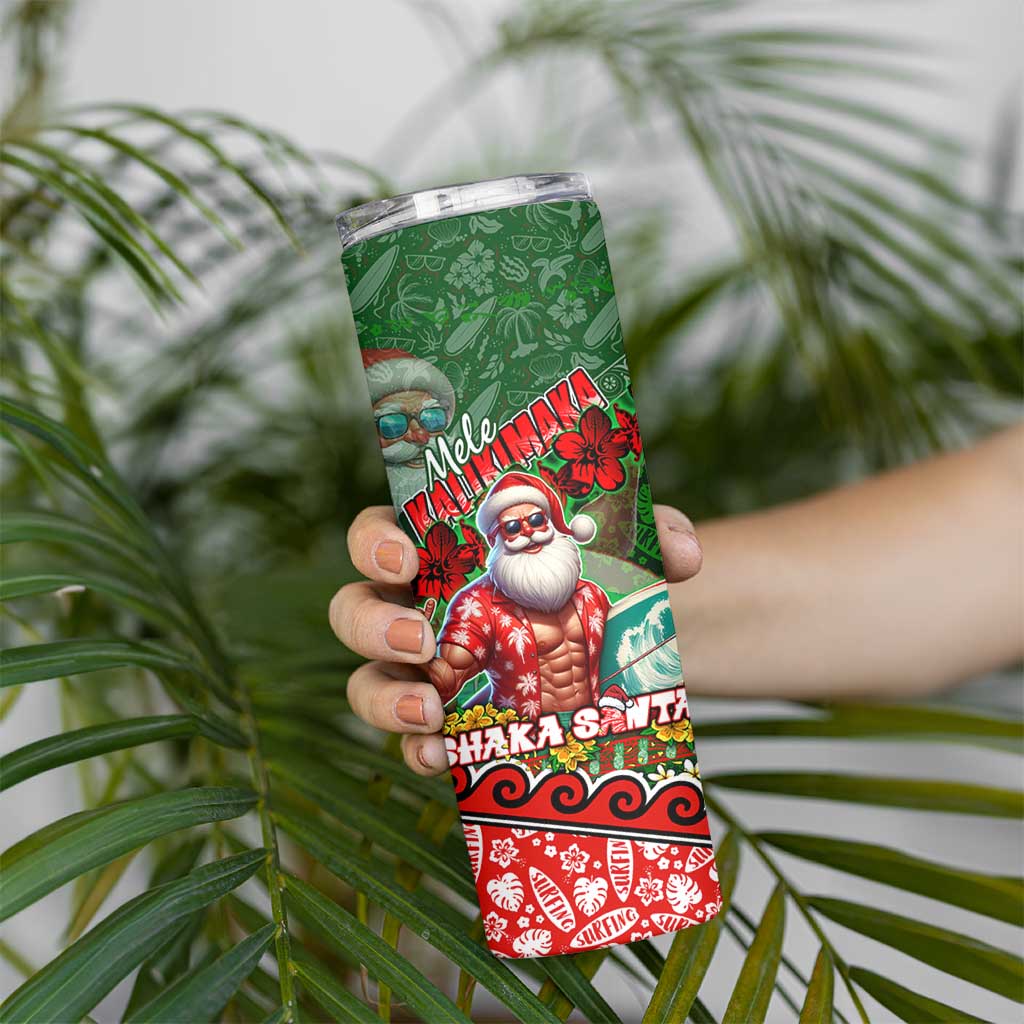 Mele Kalikimaka Shaka Santa Skinny Tumbler Hawaiian Surf Christmas Design with Aloha Spirit - Polynesian Pride