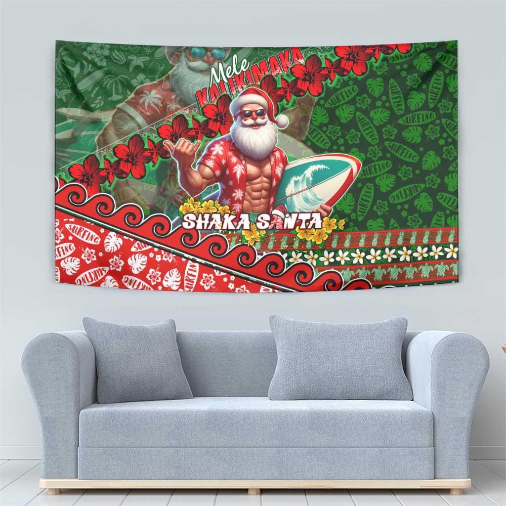 Mele Kalikimaka Shaka Santa Tapestry Hawaiian Surf Christmas Design with Aloha Spirit - Polynesian Pride