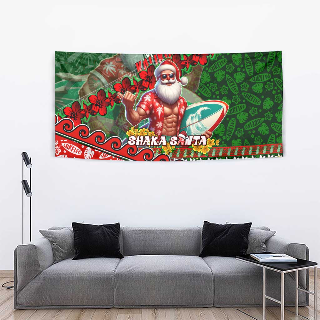Mele Kalikimaka Shaka Santa Tapestry Hawaiian Surf Christmas Design with Aloha Spirit - Polynesian Pride