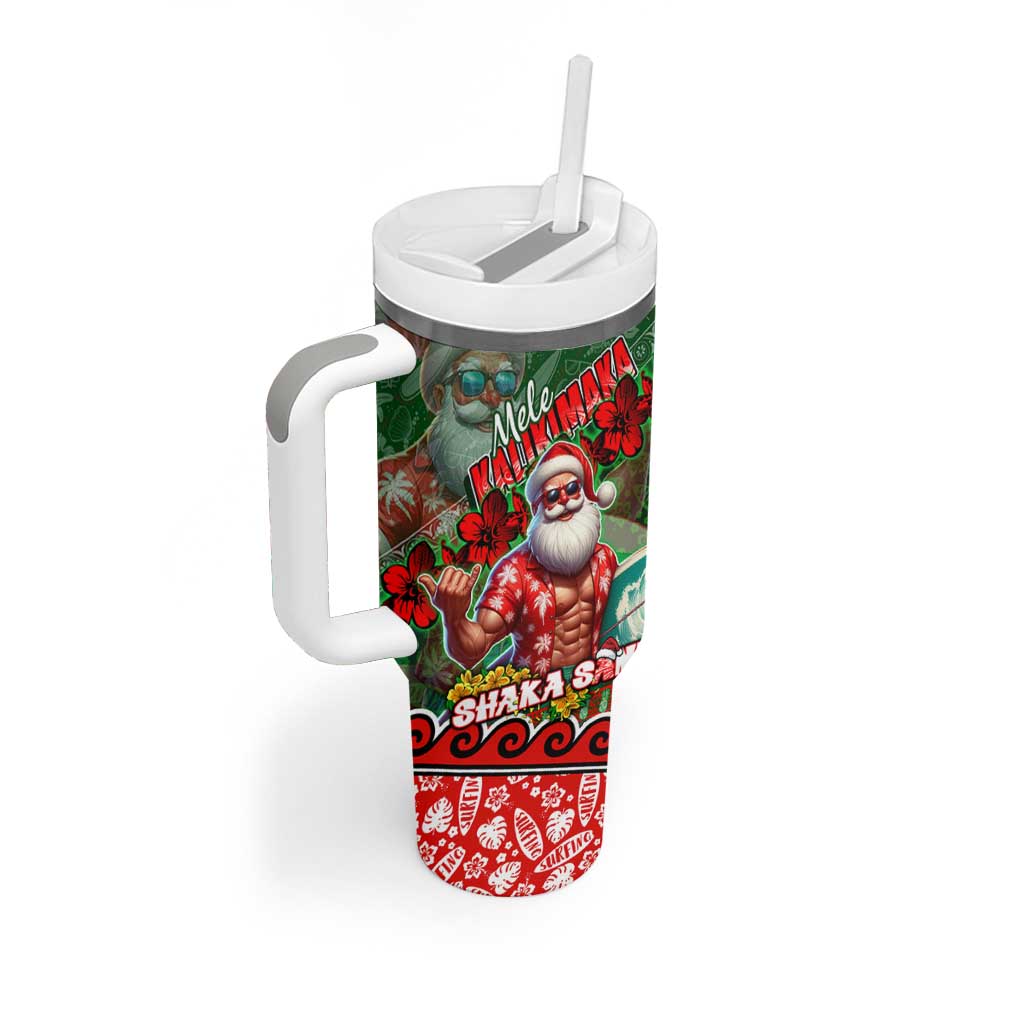 Mele Kalikimaka Shaka Santa Tumbler With Handle Hawaiian Surf Christmas Design with Aloha Spirit - Polynesian Pride