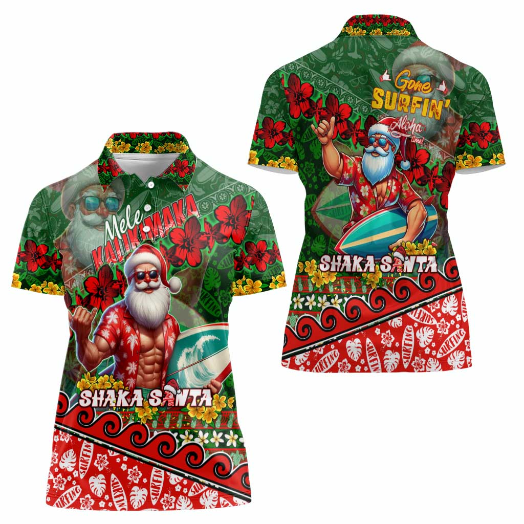 Mele Kalikimaka Shaka Santa Women Polo Shirt Hawaiian Surf Christmas Design with Aloha Spirit - Polynesian Pride