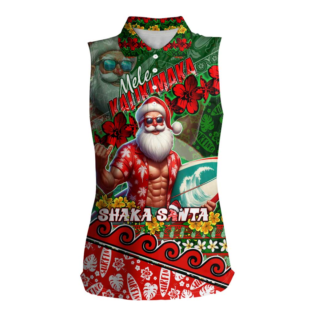 Mele Kalikimaka Shaka Santa Women Sleeveless Polo Shirt Hawaiian Surf Christmas Design with Aloha Spirit - Polynesian Pride