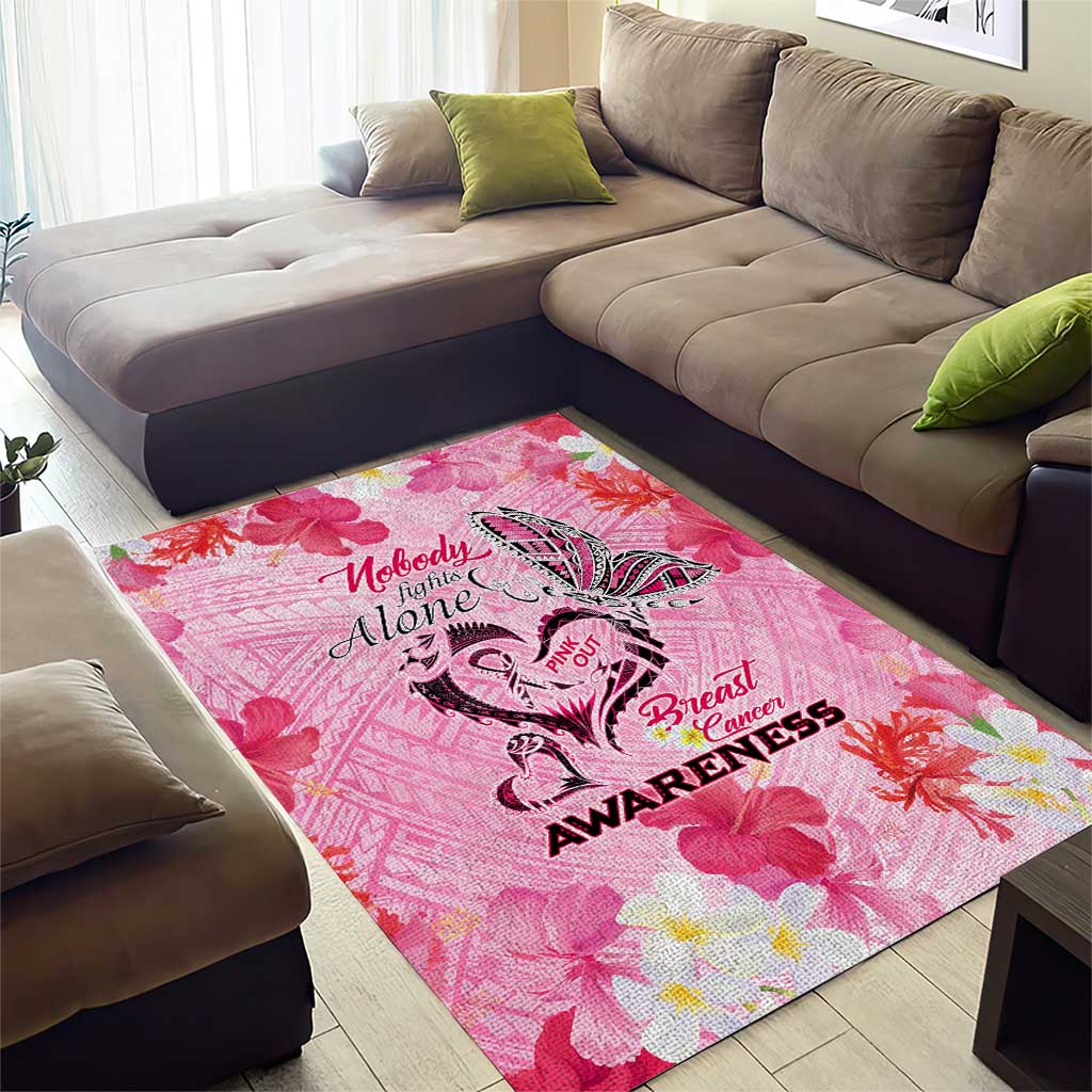 Butterfly Polynesia Breast Cancer Area Rug Nobody Fights Alone Pink Out Tropical Hibiscus