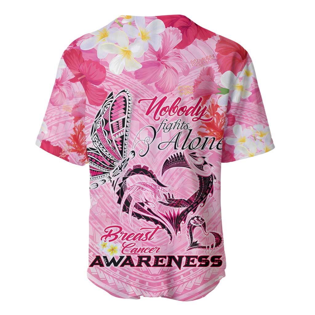 Butterfly Polynesia Breast Cancer Baseball Jersey Nobody Fights Alone Pink Out Tropical Hibiscus