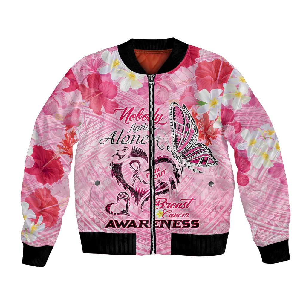 Butterfly Polynesia Breast Cancer Bomber Jacket Nobody Fights Alone Pink Out Tropical Hibiscus