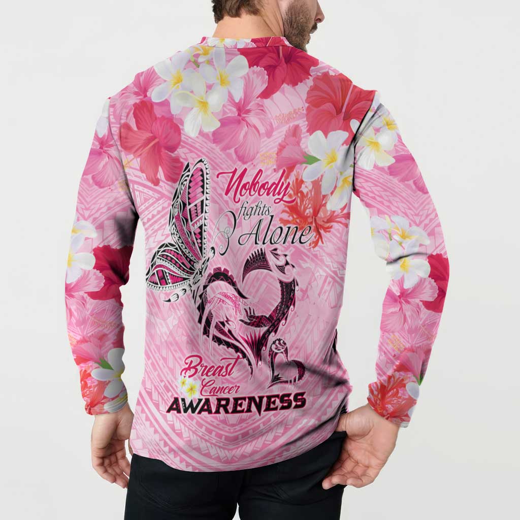Butterfly Polynesia Breast Cancer Button Sweatshirt Nobody Fights Alone Pink Out Tropical Hibiscus