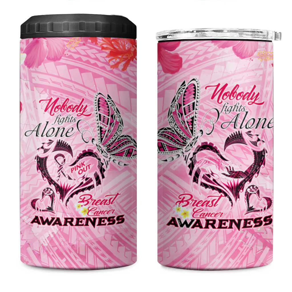 Butterfly Polynesia Breast Cancer 4 in 1 Can Cooler Tumbler Nobody Fights Alone Pink Out Tropical Hibiscus
