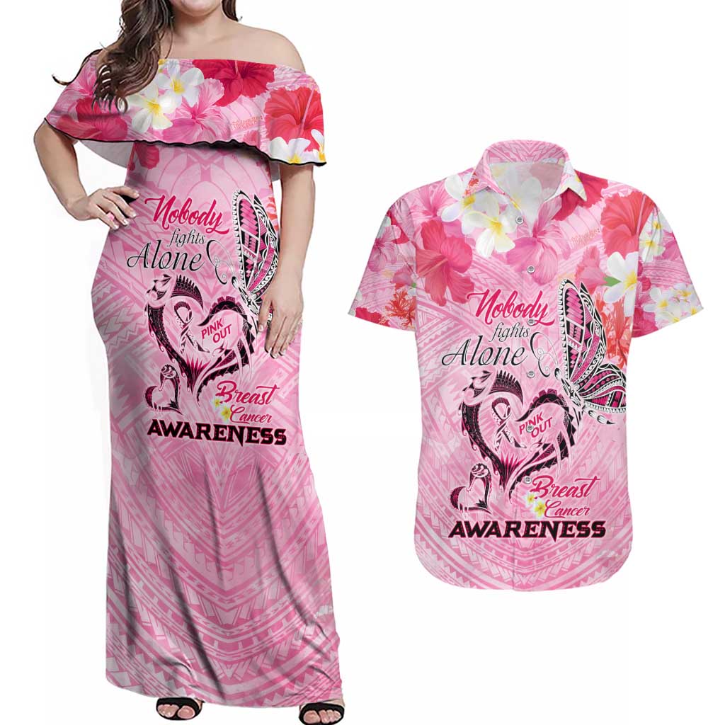 Butterfly Polynesia Breast Cancer Couples Matching Off Shoulder Maxi Dress and Hawaiian Shirt Nobody Fights Alone Pink Out Tropical Hibiscus DT02 Pink - Polynesian Pride