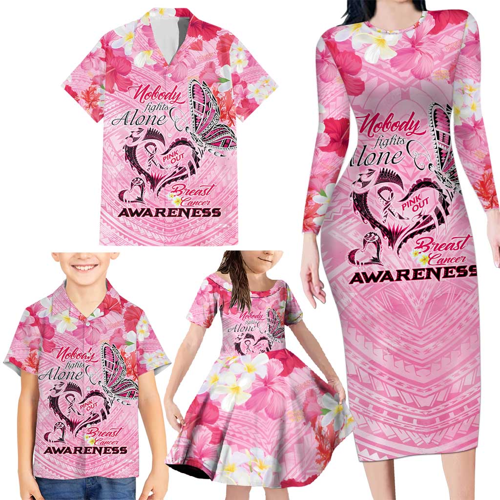 Butterfly Polynesia Breast Cancer Family Matching Long Sleeve Bodycon Dress and Hawaiian Shirt Nobody Fights Alone Pink Out Tropical Hibiscus