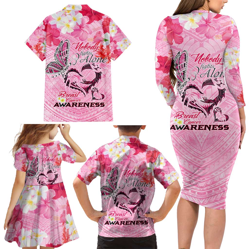 Butterfly Polynesia Breast Cancer Family Matching Long Sleeve Bodycon Dress and Hawaiian Shirt Nobody Fights Alone Pink Out Tropical Hibiscus