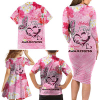 Butterfly Polynesia Breast Cancer Family Matching Long Sleeve Bodycon Dress and Hawaiian Shirt Nobody Fights Alone Pink Out Tropical Hibiscus