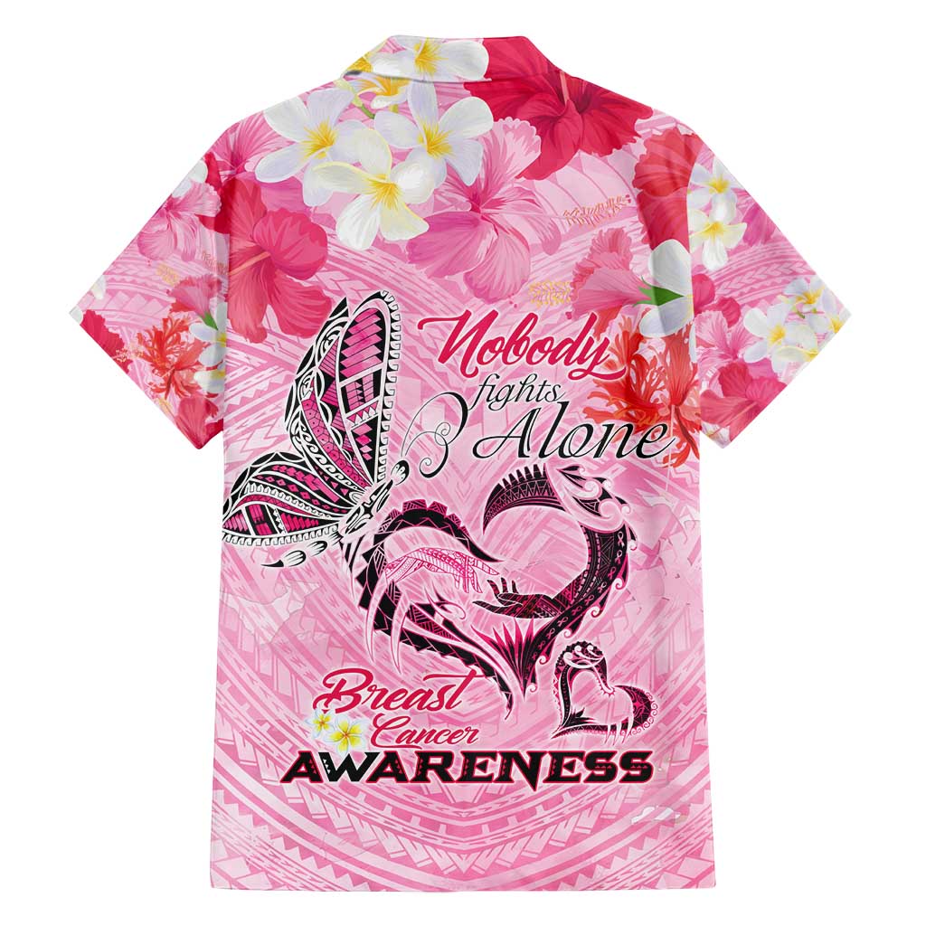 Butterfly Polynesia Breast Cancer Family Matching Long Sleeve Bodycon Dress and Hawaiian Shirt Nobody Fights Alone Pink Out Tropical Hibiscus