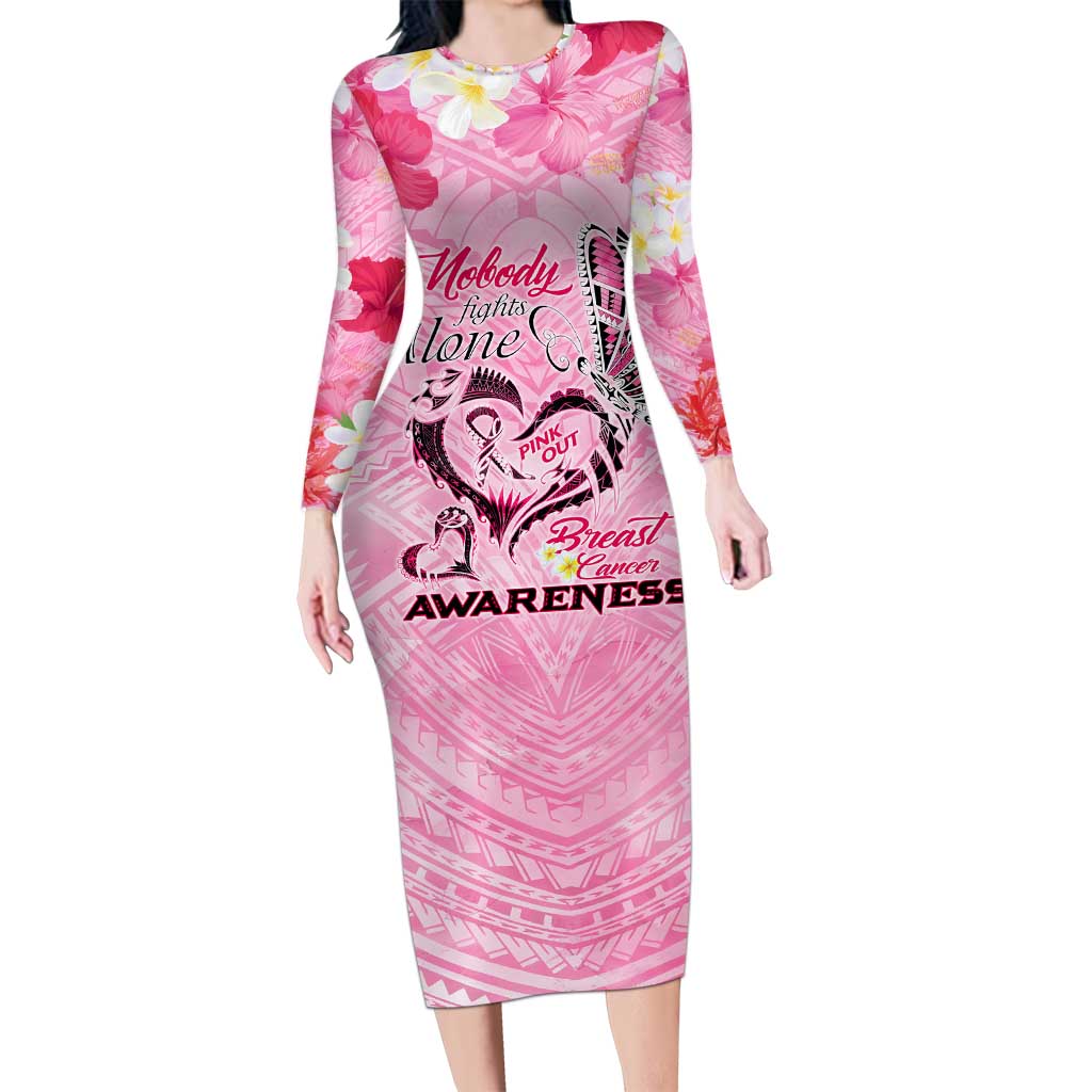 Butterfly Polynesia Breast Cancer Family Matching Long Sleeve Bodycon Dress and Hawaiian Shirt Nobody Fights Alone Pink Out Tropical Hibiscus