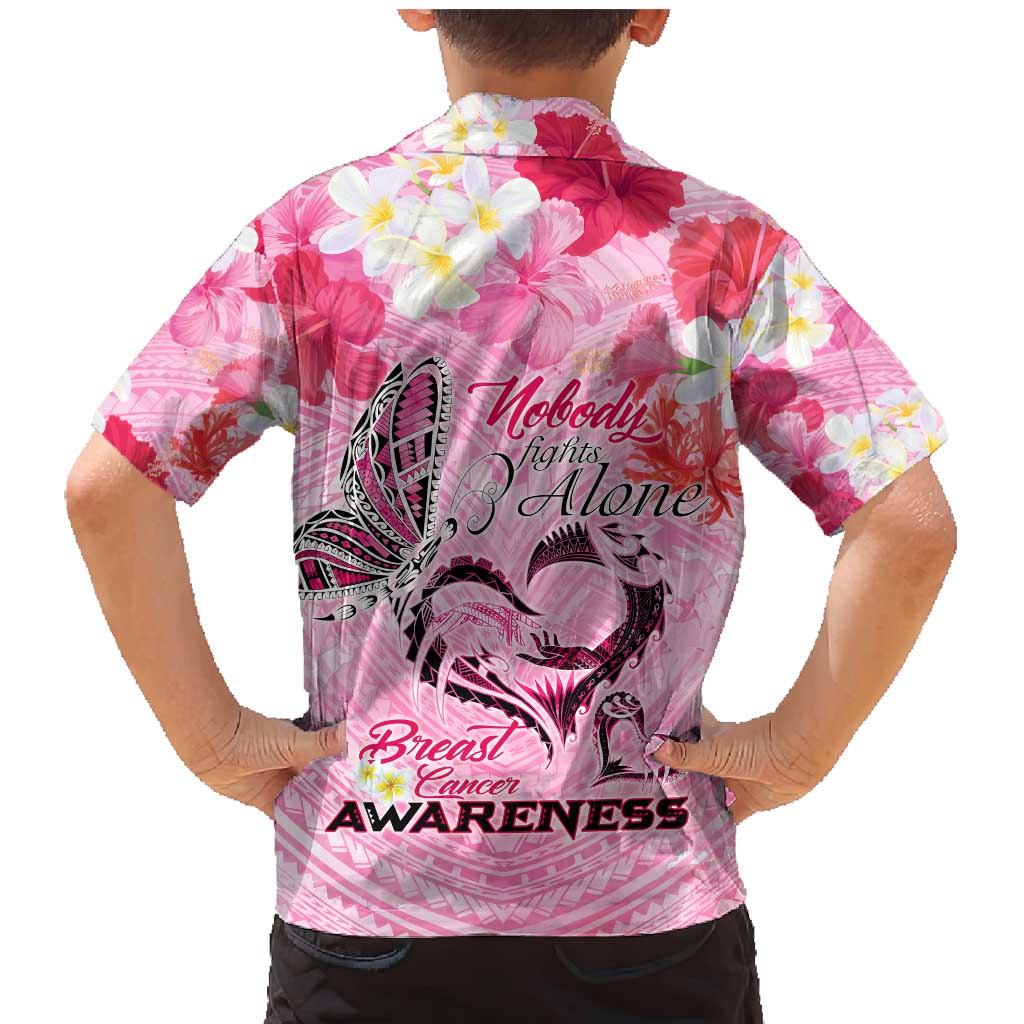 Butterfly Polynesia Breast Cancer Family Matching Mermaid Dress and Hawaiian Shirt Nobody Fights Alone Pink Out Tropical Hibiscus