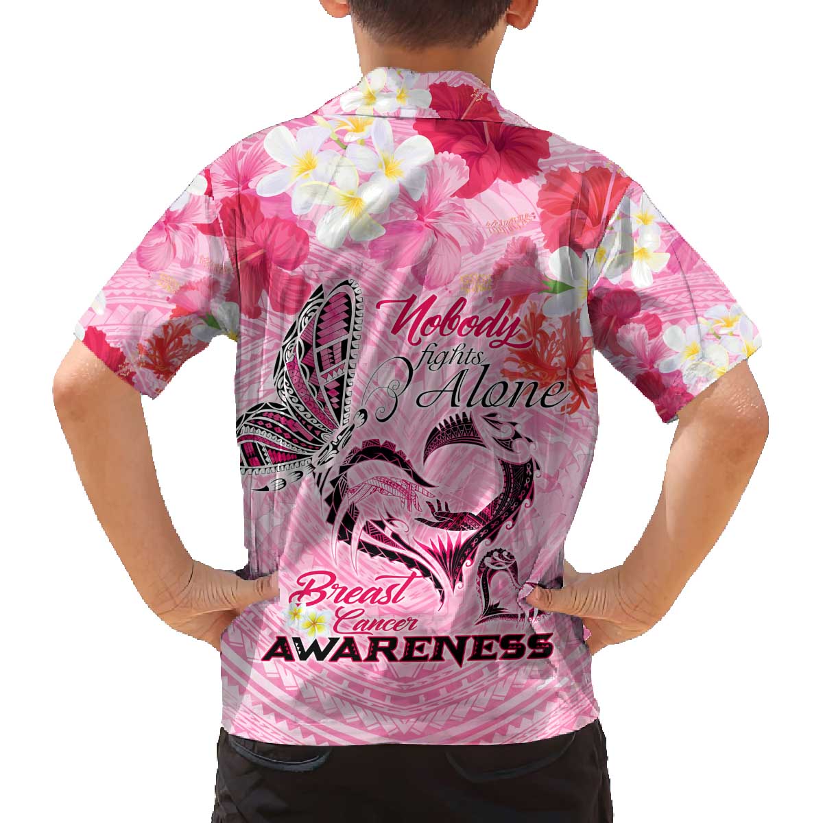Butterfly Polynesia Breast Cancer Family Matching Off The Shoulder Long Sleeve Dress and Hawaiian Shirt Nobody Fights Alone Pink Out Tropical Hibiscus