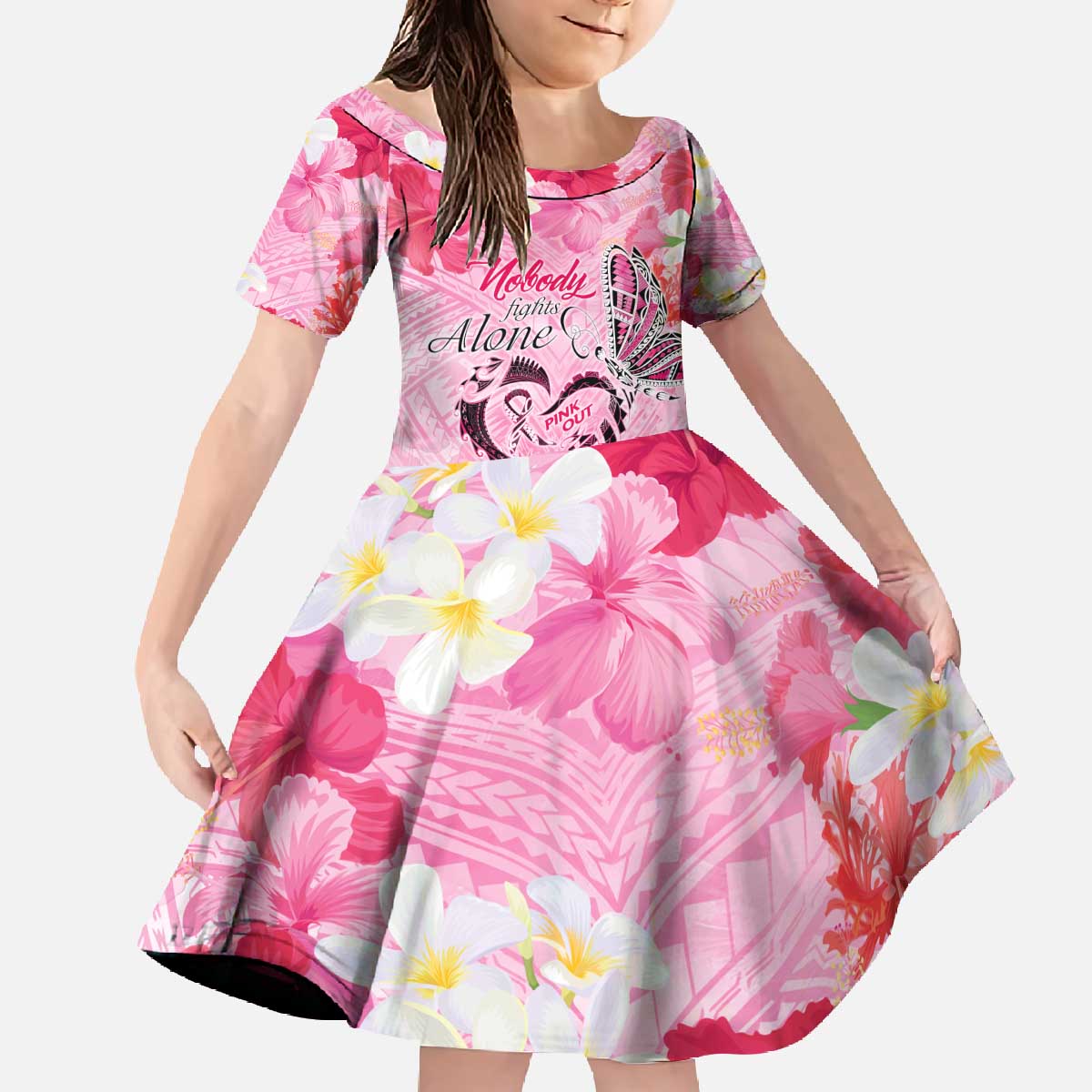Butterfly Polynesia Breast Cancer Family Matching Off The Shoulder Long Sleeve Dress and Hawaiian Shirt Nobody Fights Alone Pink Out Tropical Hibiscus