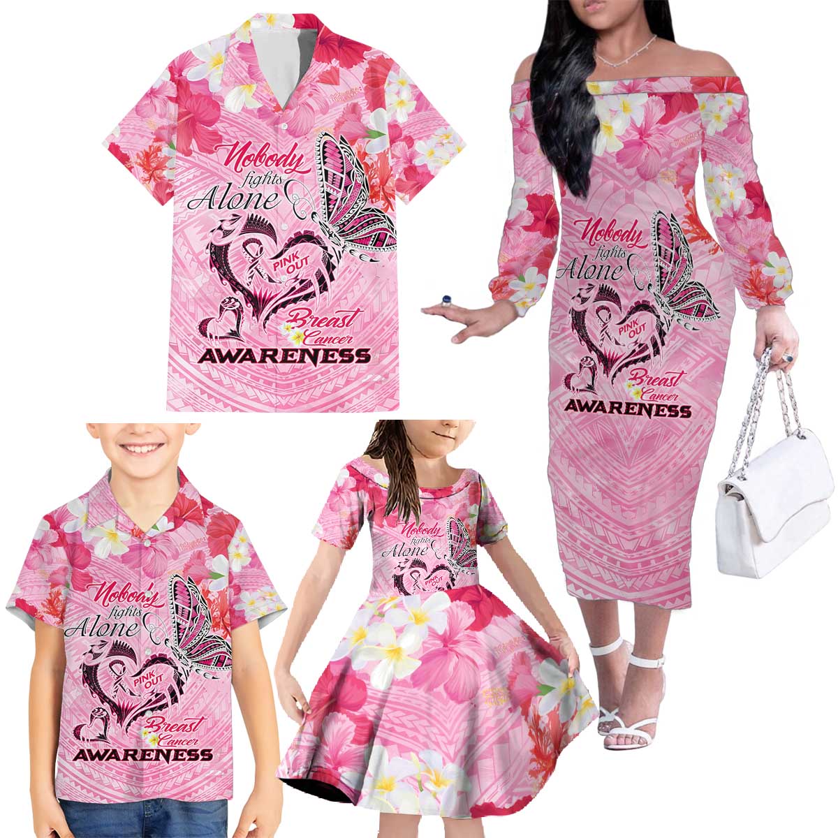 Butterfly Polynesia Breast Cancer Family Matching Off The Shoulder Long Sleeve Dress and Hawaiian Shirt Nobody Fights Alone Pink Out Tropical Hibiscus