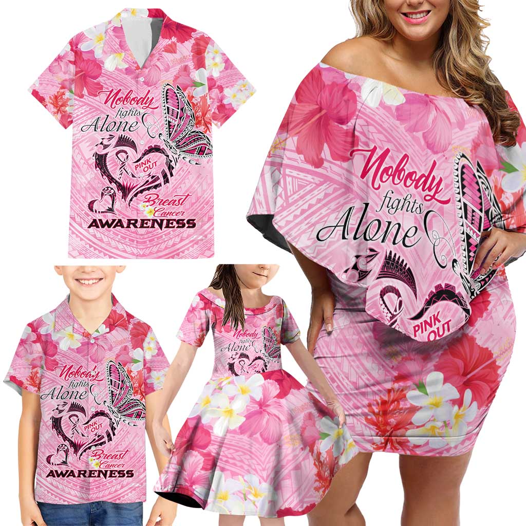 Butterfly Polynesia Breast Cancer Family Matching Off Shoulder Short Dress and Hawaiian Shirt Nobody Fights Alone Pink Out Tropical Hibiscus